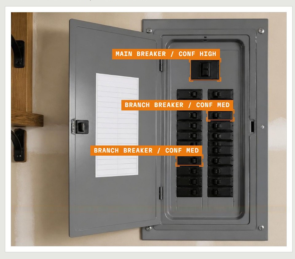 Electrical panel with AI detection overlays