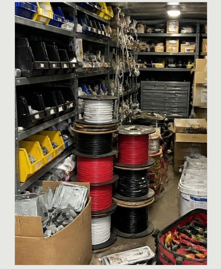 Electrical supply room with wire and parts