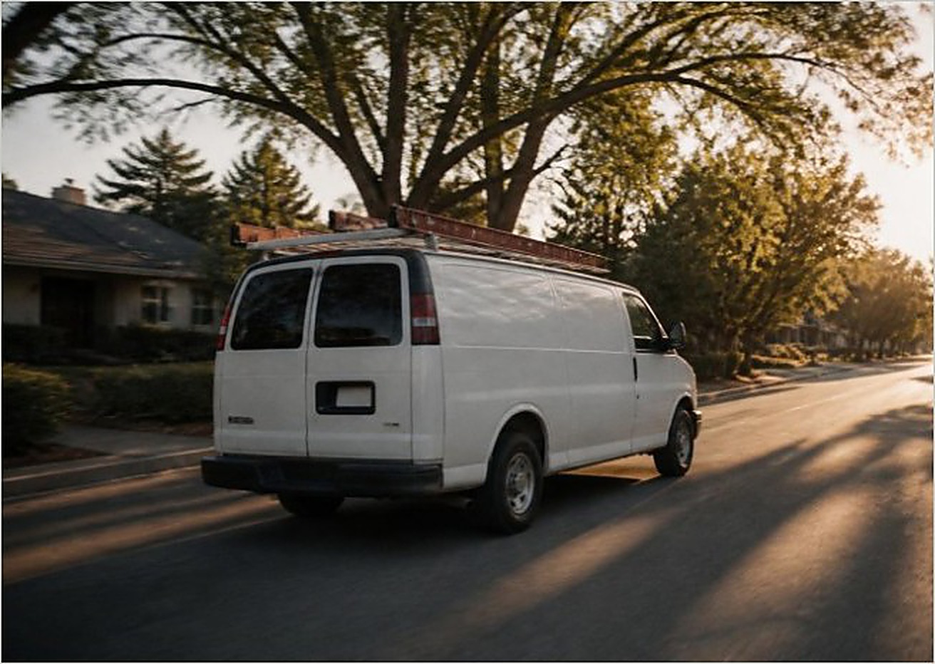 Service van on a residential street at dusk
